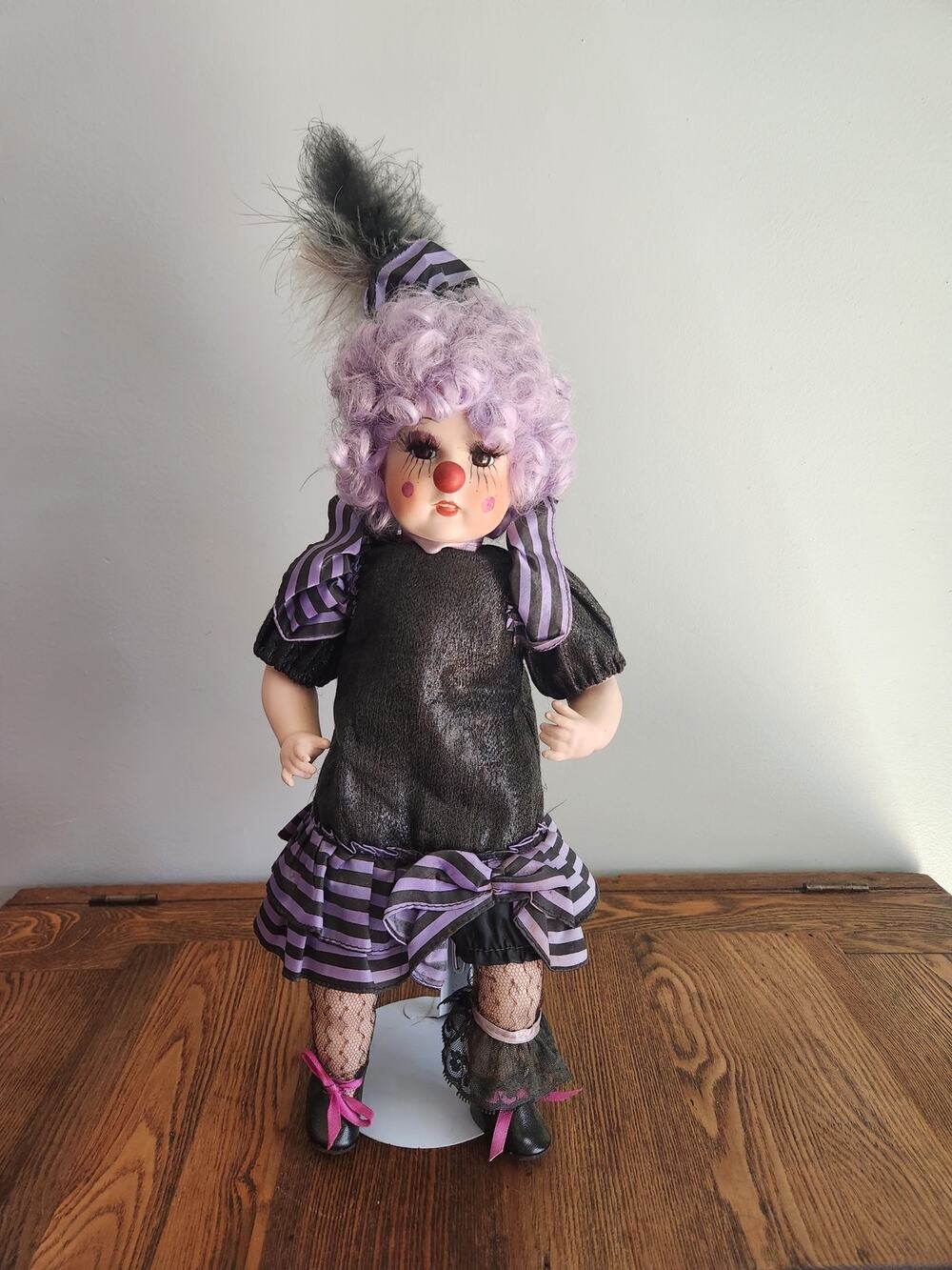 VTG Schmid Ugly  LADY DOLL Halloween Decor Purple Hair Mesh Stockings 16"T